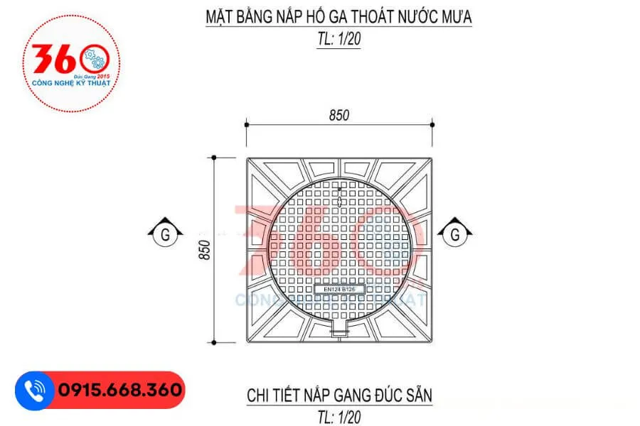 Nắp hố ga gang khung âm 850x850