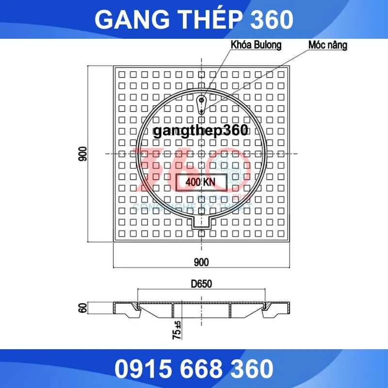 Nắp hố ga gang khung dương 900x900